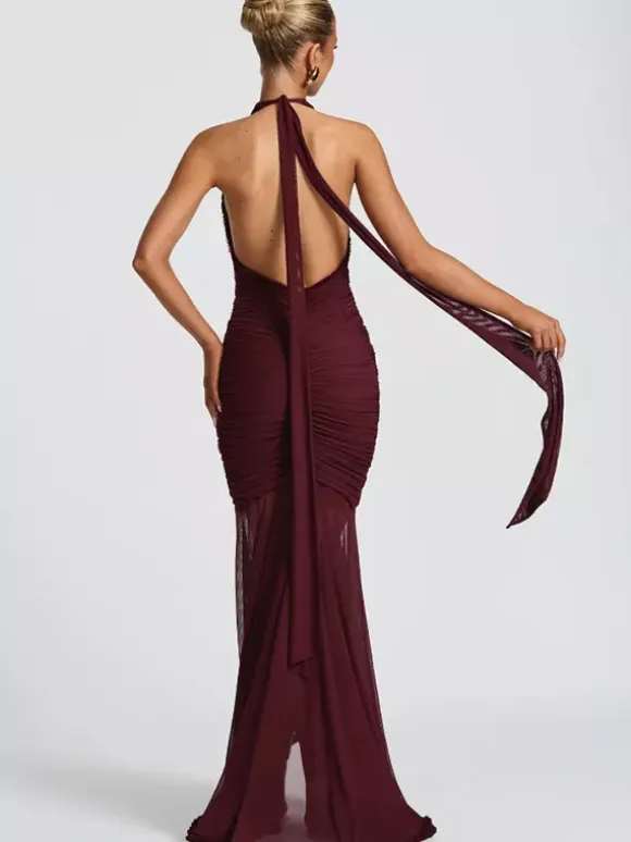 Deep V-Neck Halter Ruched Bodycon Maxi Party Dress For Women 2026