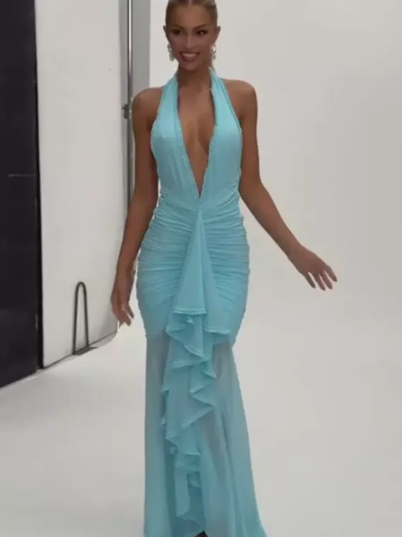 Deep V-Neck Halter Ruched Bodycon Maxi Party Dress For Women 2026