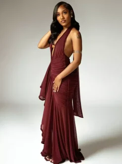 Deep V-Neck Halter Ruched Bodycon Maxi Party Dress For Women 2026