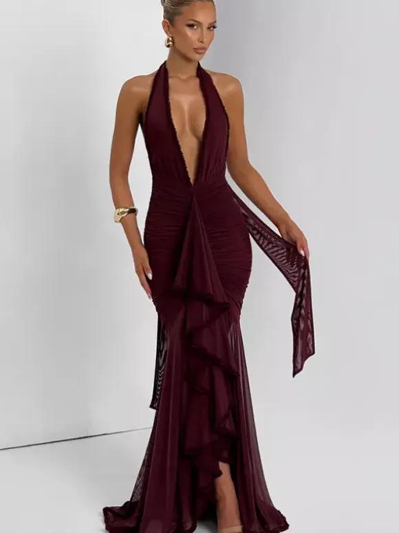 Deep V-Neck Halter Ruched Bodycon Maxi Party Dress For Women 2026