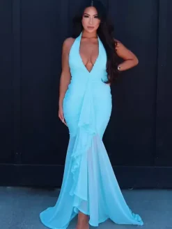 Deep V-Neck Halter Ruched Bodycon Maxi Party Dress For Women 2026
