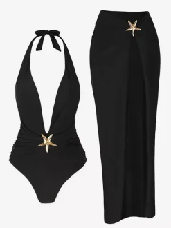 Deep V-neck One-piece Swimsuit And High-slit Maxi Skirt With Starfish Embellishment 2026