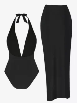 Deep V-neck One-piece Swimsuit And High-slit Maxi Skirt With Starfish Embellishment 2026
