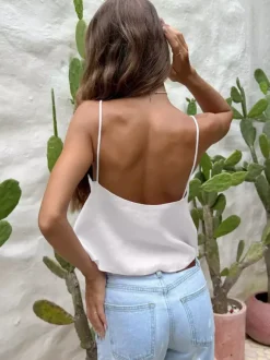 Deep Blue Cami Top Straps Neck Pleated Chic Linen Camis For Women