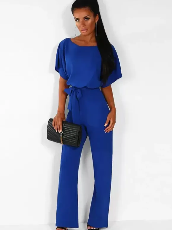 Deep Blue Jumpsuit Lace Up Knotted Natural Waist Trousers Outfit