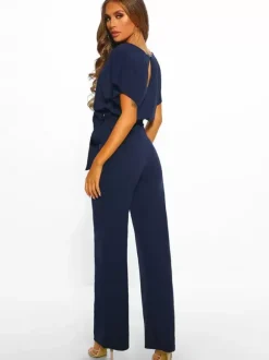 Deep Blue Jumpsuit Lace Up Knotted Natural Waist Trousers Outfit
