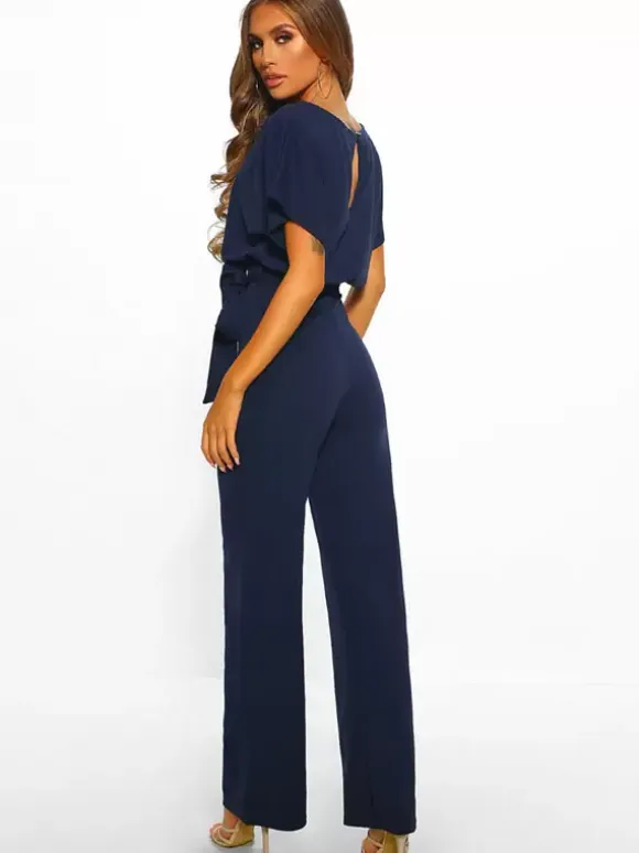 Deep Blue Jumpsuit Lace Up Knotted Natural Waist Trousers Outfit