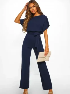 Deep Blue Jumpsuit Lace Up Knotted Natural Waist Trousers Outfit