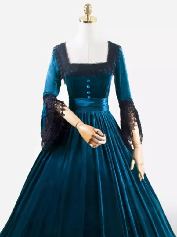 Deep Blue Retro Tudor Dress Costumes Lace Polyester Marie Antoinette Costume Dress Women's Retro Tunic Vintage Clothing