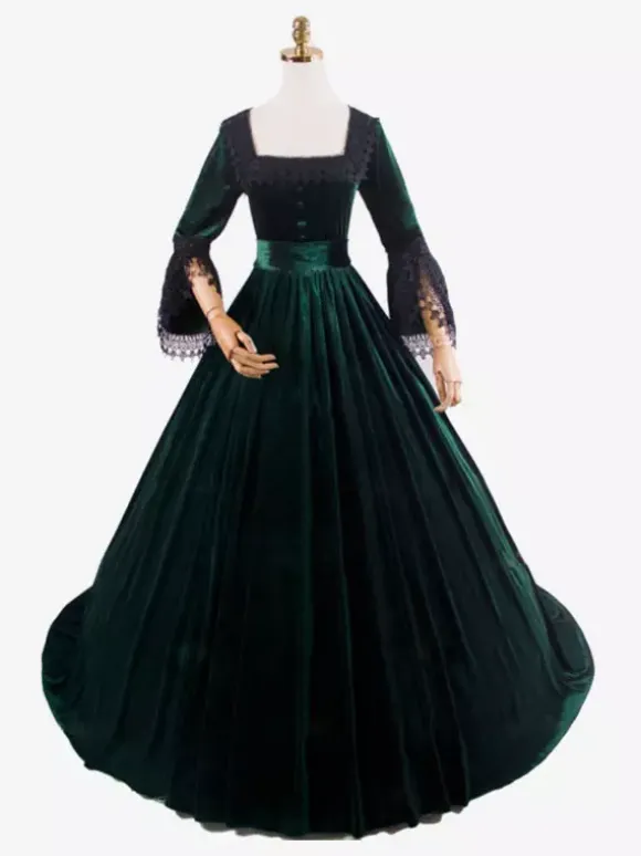 Deep Blue Retro Tudor Dress Costumes Lace Polyester Marie Antoinette Costume Dress Women's Retro Tunic Vintage Clothing