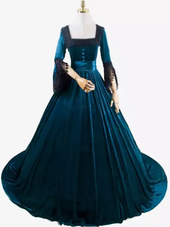Deep Blue Retro Tudor Dress Costumes Lace Polyester Marie Antoinette Costume Dress Women's Retro Tunic Vintage Clothing