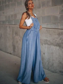 Deep Blue Sleeveless Buttons Convertible Denim Wide Summer Playsuit