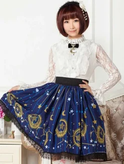 Deep Blue Star Printed Polyester short Lolita Skirt dress for Girls