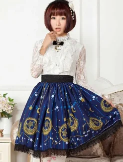 Deep Blue Star Printed Polyester short Lolita Skirt dress for Girls