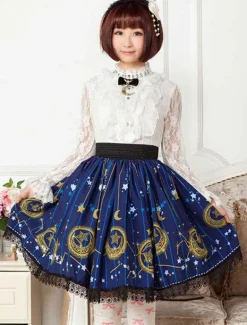 Deep Blue Star Printed Polyester short Lolita Skirt dress for Girls