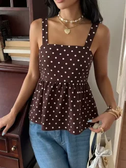 Deep Brown Cami Top Straps Neck Lace Up Chic Polka Dot Women Camis