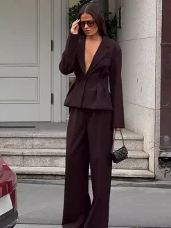 Deep Brown Peplum Blazer Suit For Women - Chic Pleated Waist Slim Fit Wide Leg Pants Set - Spring Office Lady Outfit 2026