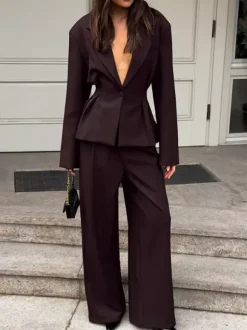 Deep Brown Peplum Blazer Suit For Women - Chic Pleated Waist Slim Fit Wide Leg Pants Set - Spring Office Lady Outfit 2026