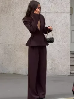 Deep Brown Peplum Blazer Suit For Women - Chic Pleated Waist Slim Fit Wide Leg Pants Set - Spring Office Lady Outfit 2026