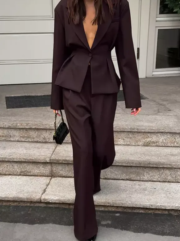 Deep Brown Peplum Blazer Suit For Women - Chic Pleated Waist Slim Fit Wide Leg Pants Set - Spring Office Lady Outfit 2026