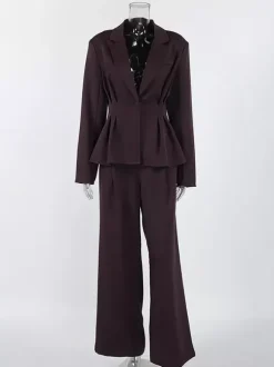Deep Brown Peplum Blazer Suit For Women - Chic Pleated Waist Slim Fit Wide Leg Pants Set - Spring Office Lady Outfit 2026