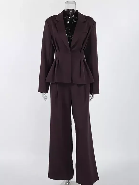 Deep Brown Peplum Blazer Suit For Women - Chic Pleated Waist Slim Fit Wide Leg Pants Set - Spring Office Lady Outfit 2026