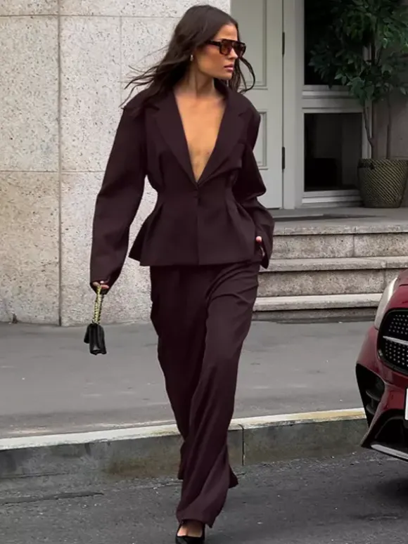 Deep Brown Peplum Blazer Suit For Women - Chic Pleated Waist Slim Fit Wide Leg Pants Set - Spring Office Lady Outfit 2026