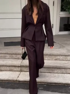 Deep Brown Peplum Blazer Suit For Women - Chic Pleated Waist Slim Fit Wide Leg Pants Set - Spring Office Lady Outfit 2026