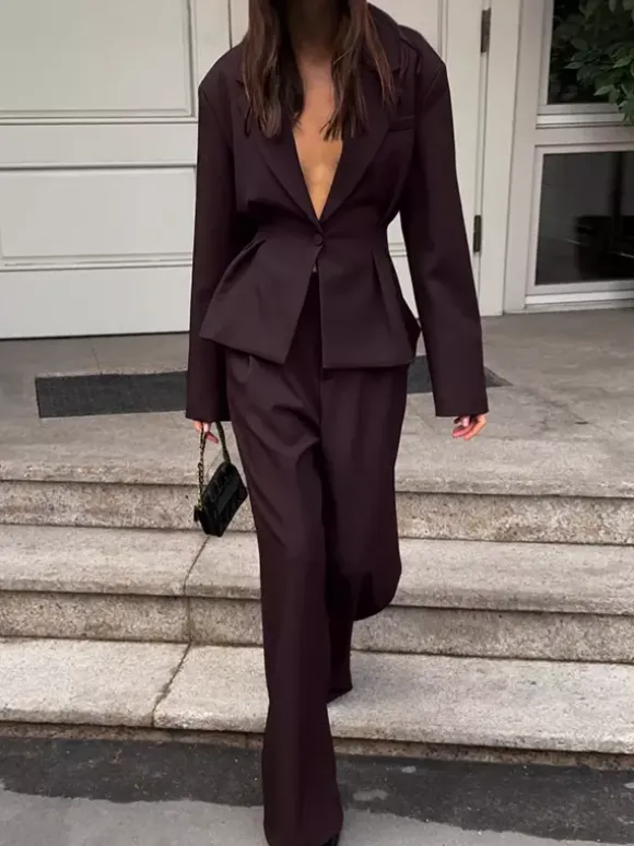 Deep Brown Peplum Blazer Suit For Women - Chic Pleated Waist Slim Fit Wide Leg Pants Set - Spring Office Lady Outfit 2026