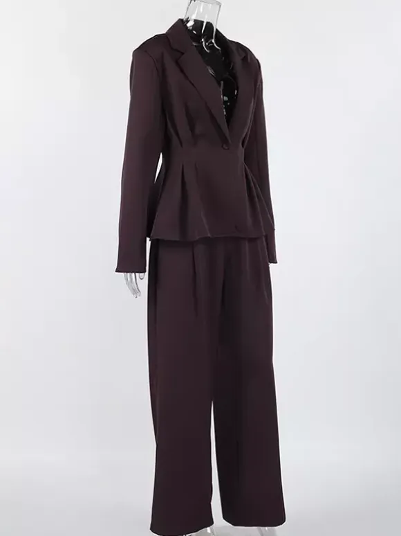 Deep Brown Peplum Blazer Suit For Women - Chic Pleated Waist Slim Fit Wide Leg Pants Set - Spring Office Lady Outfit 2026