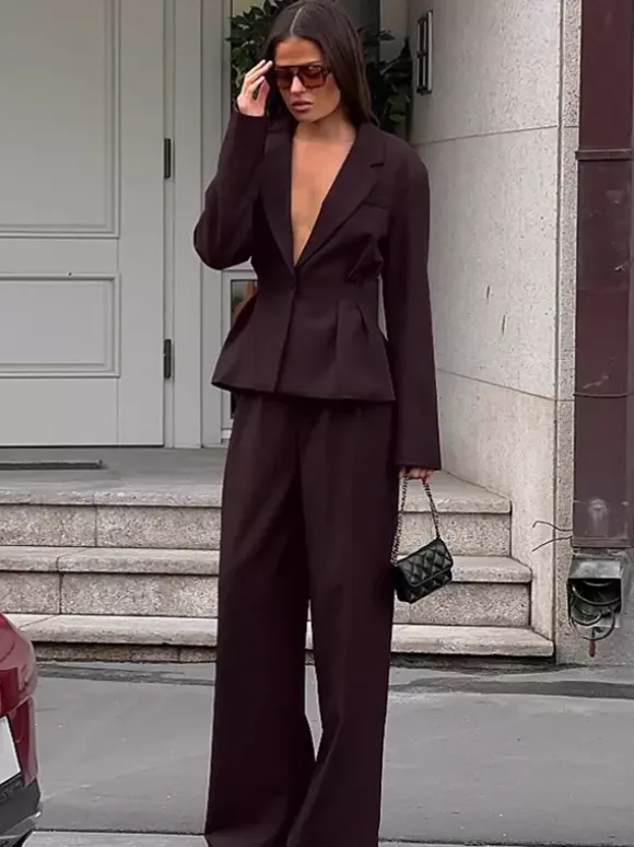 Deep Brown Peplum Blazer Suit For Women - Chic Pleated Waist Slim Fit Wide Leg Pants Set - Spring Office Lady Outfit 2026