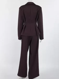 Deep Brown Peplum Blazer Suit For Women - Chic Pleated Waist Slim Fit Wide Leg Pants Set - Spring Office Lady Outfit 2026