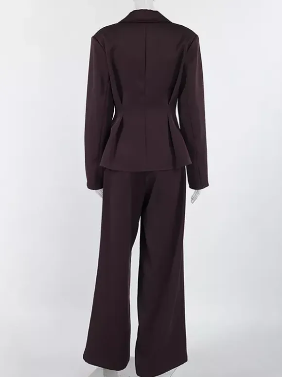 Deep Brown Peplum Blazer Suit For Women - Chic Pleated Waist Slim Fit Wide Leg Pants Set - Spring Office Lady Outfit 2026