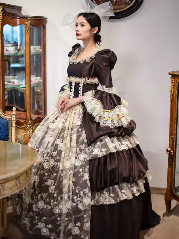 Deep Brown Retro Tudor Dress Costumes Lace Polyester Headwear Women's Vintage Marie Antoinette Costume Tunic Masquerade Ball Gown