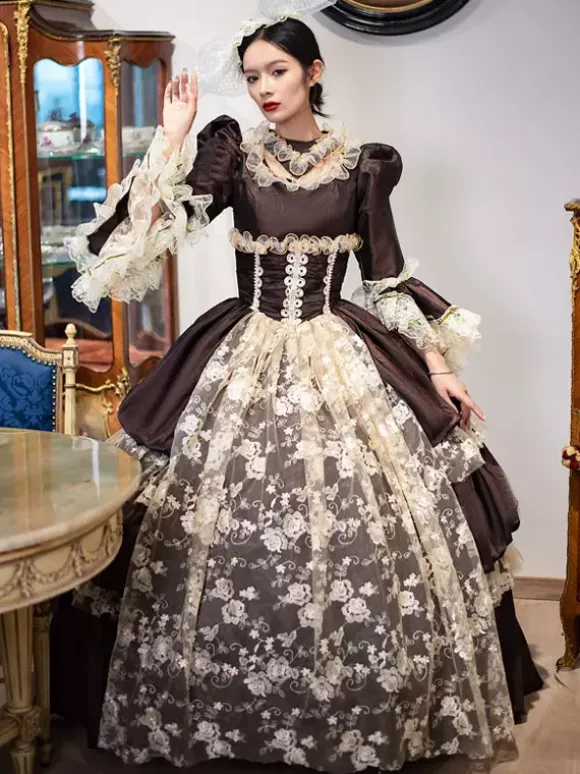 Deep Brown Retro Tudor Dress Costumes Lace Polyester Headwear Women's Vintage Marie Antoinette Costume Tunic Masquerade Ball Gown
