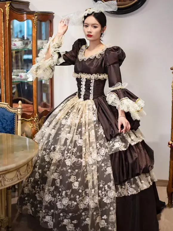 Deep Brown Retro Tudor Dress Costumes Lace Polyester Headwear Women's Vintage Marie Antoinette Costume Tunic Masquerade Ball Gown
