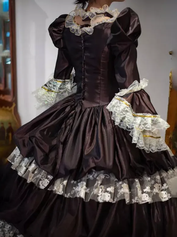 Deep Brown Retro Tudor Dress Costumes Lace Polyester Headwear Women's Vintage Marie Antoinette Costume Tunic Masquerade Ball Gown
