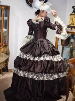 Deep Brown Retro Tudor Dress Costumes Lace Polyester Headwear Women's Vintage Marie Antoinette Costume Tunic Masquerade Ball Gown