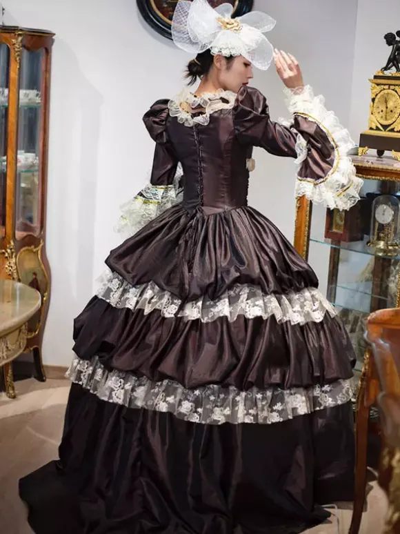 Deep Brown Retro Tudor Dress Costumes Lace Polyester Headwear Women's Vintage Marie Antoinette Costume Tunic Masquerade Ball Gown