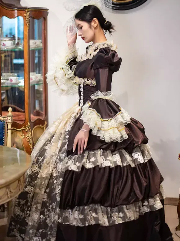 Deep Brown Retro Tudor Dress Costumes Lace Polyester Headwear Women's Vintage Marie Antoinette Costume Tunic Masquerade Ball Gown