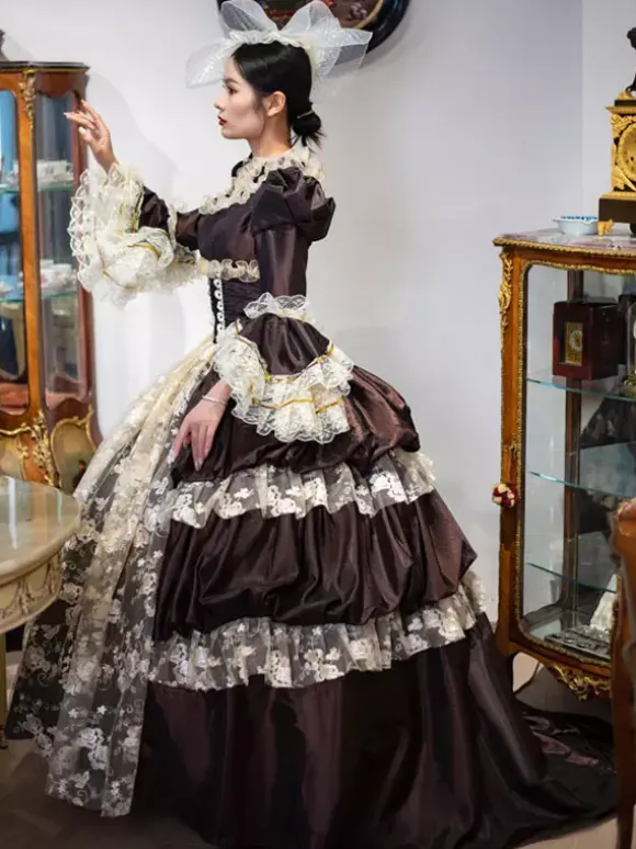 Deep Brown Retro Tudor Dress Costumes Lace Polyester Headwear Women's Vintage Marie Antoinette Costume Tunic Masquerade Ball Gown
