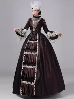 Deep Brown Victorian Dress Long Sleeves Lace High Collar Ball Retro Dress