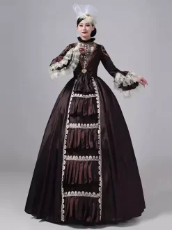 Deep Brown Victorian Dress Long Sleeves Lace High Collar Ball Retro Dress