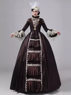 Deep Brown Victorian Dress Long Sleeves Lace High Collar Ball Retro Dress