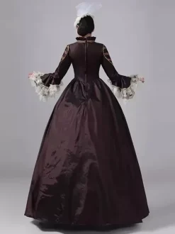 Deep Brown Victorian Dress Long Sleeves Lace High Collar Ball Retro Dress