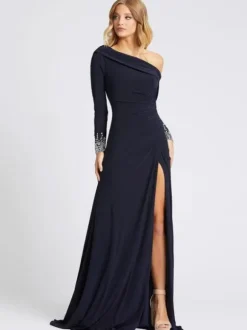Deep Navy Evening Dress One-Shoulder With Train Long Sleeves Criss-Cross Lycra Spandex Sheath Social Party Dresses Free Customization