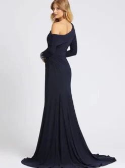 Deep Navy Evening Dress One-Shoulder With Train Long Sleeves Criss-Cross Lycra Spandex Sheath Social Party Dresses Free Customization