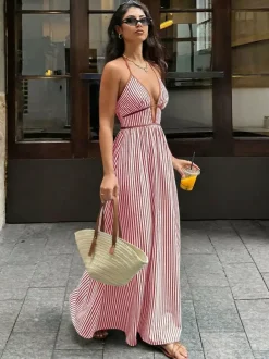 Deep V Halter Striped Maxi Dress Boho Glamour For Street Beach
