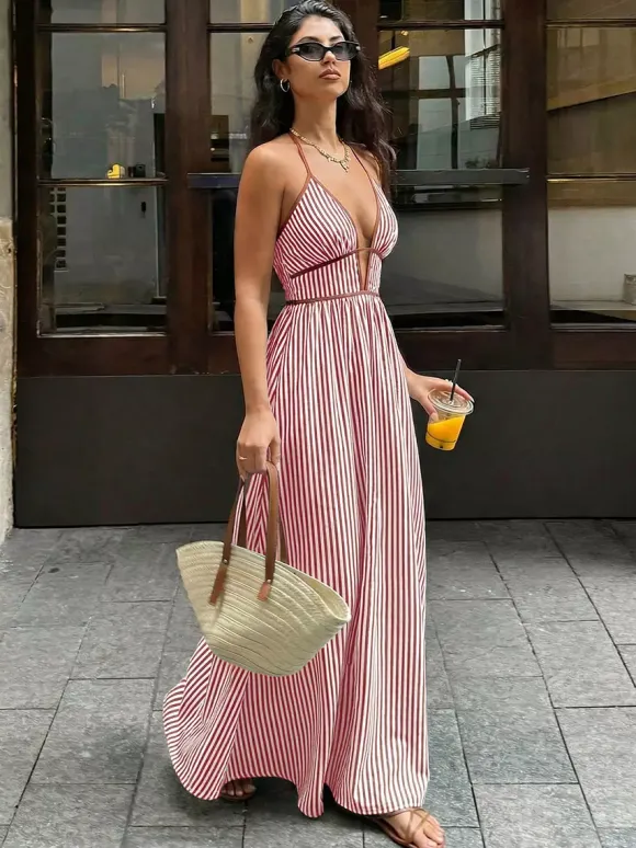 Deep V Halter Striped Maxi Dress Boho Glamour For Street Beach