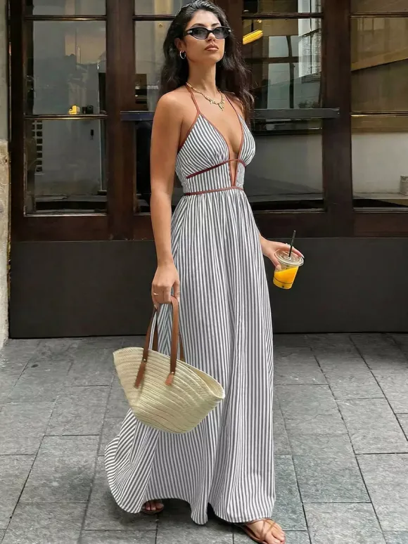Deep V Halter Striped Maxi Dress Boho Glamour For Street Beach